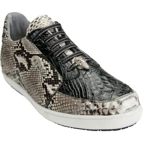 Belvedere "Angelo" Black / White Genuine Crocodile And Burmese Python Skin Sneakers